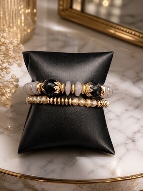 Gold & Black Beaded Layered Bracelet Set - Women’s Jewelry